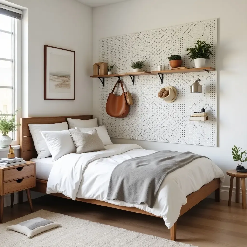 a photo of a functional bedroom with a pegboard wall for storage