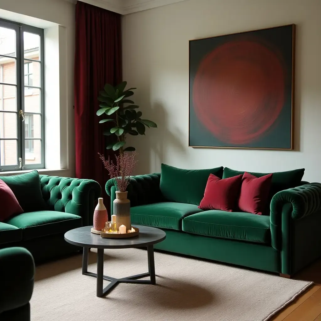 a photo of a living room with green velvet sofas and burgundy accent pillows