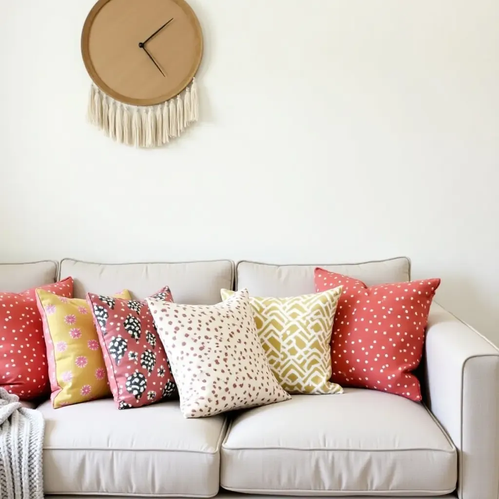 a photo of a nursery with bright, patterned throw pillows on a sofa