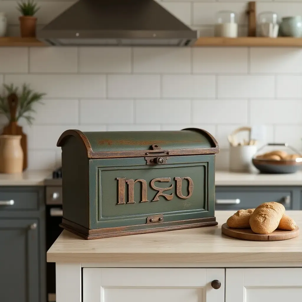 a photo of an antique bread box in a contemporary kitchen