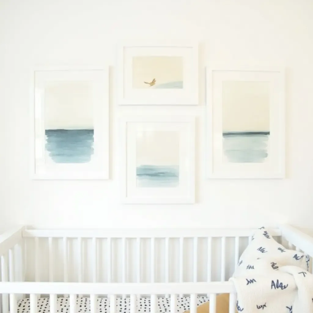 a photo of a nursery gallery wall with DIY watercolor paintings