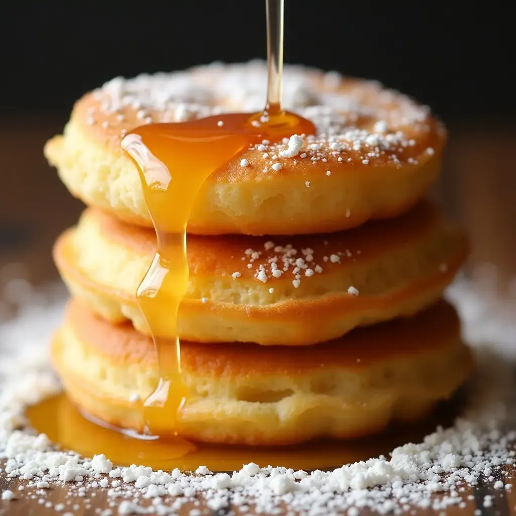 a photo of a stack of fluffy Portuguese malassadas drizzled with honey and powdered sugar.