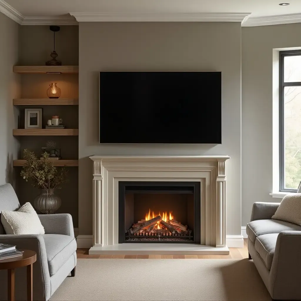 a photo of a corner TV unit with a stylish fireplace underneath and cozy seating