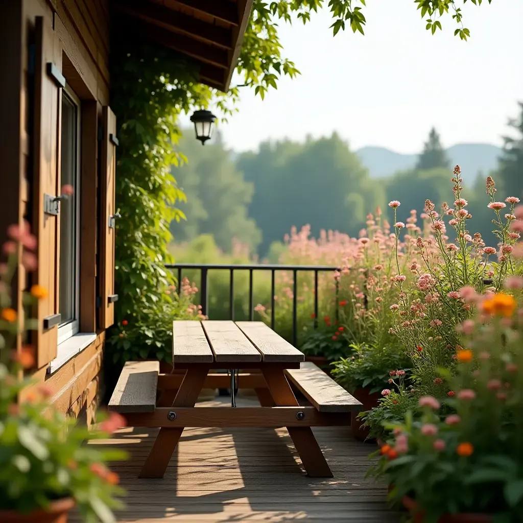 a photo of a balcony with a rustic picnic table and wildflowers