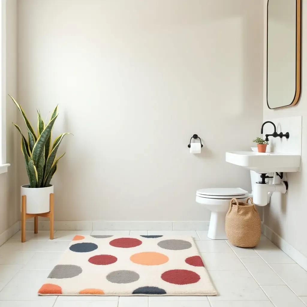 a photo of a fun polka dot rug in a cheerful bathroom