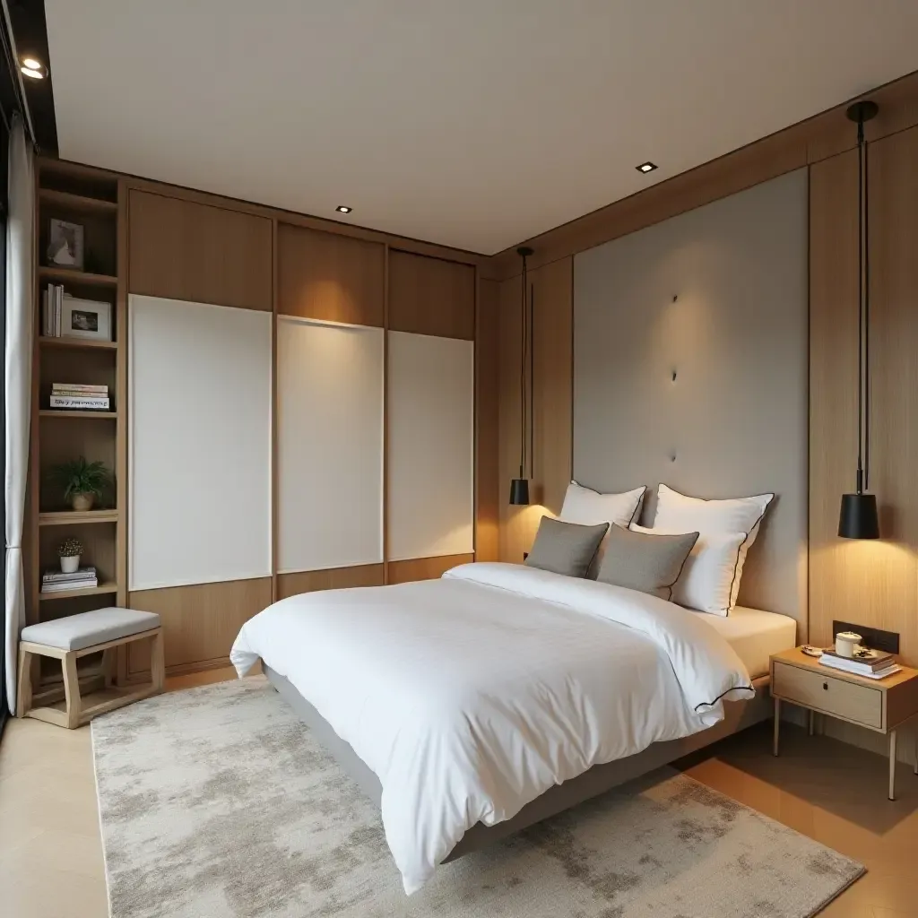 a photo of a modern shared bedroom with sliding doors and foldable furniture