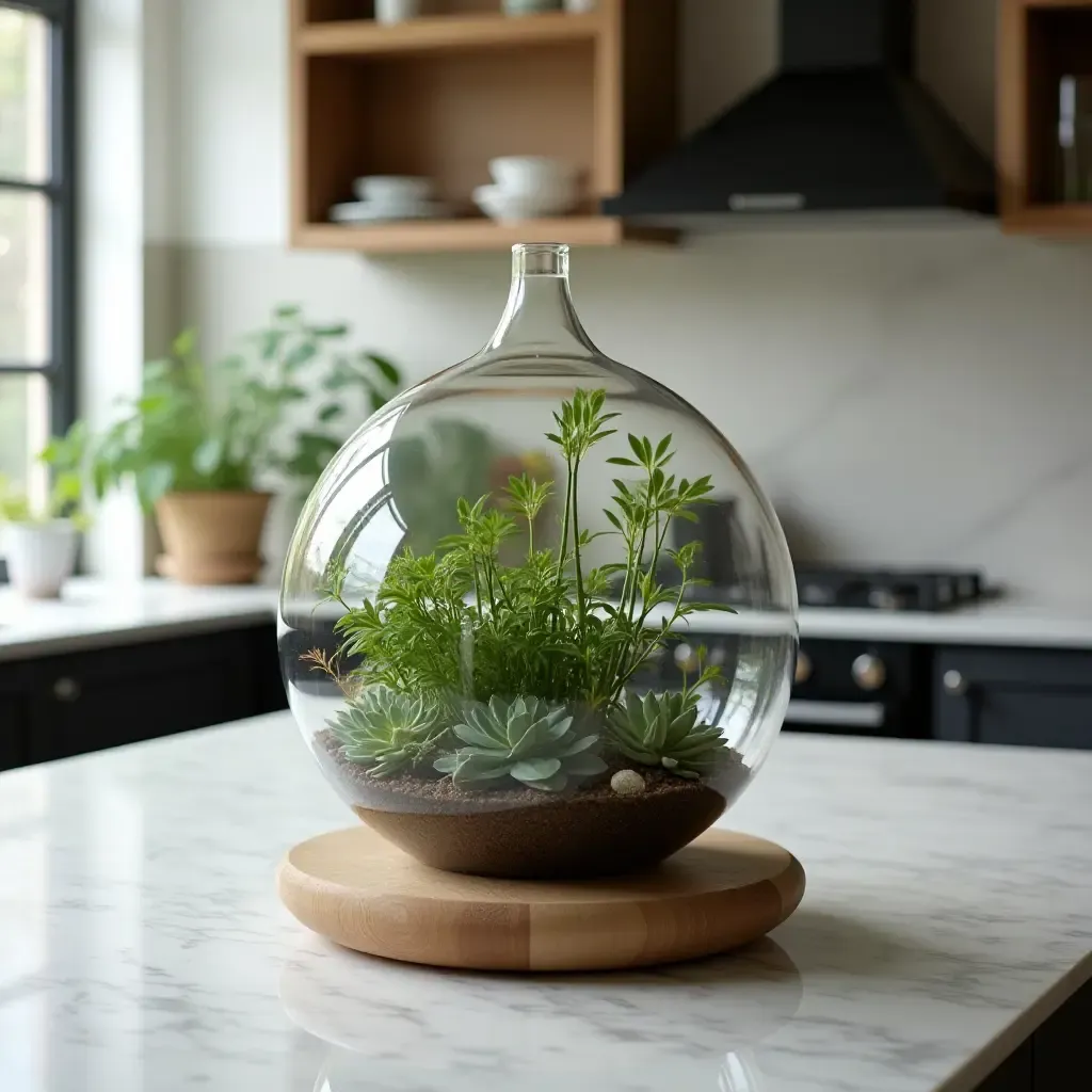 a photo of an elegant kitchen with a terrarium centerpiece