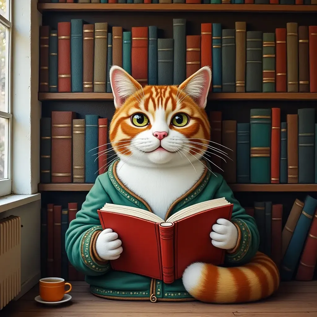 a photo of a mural of a cozy reading cat in a library