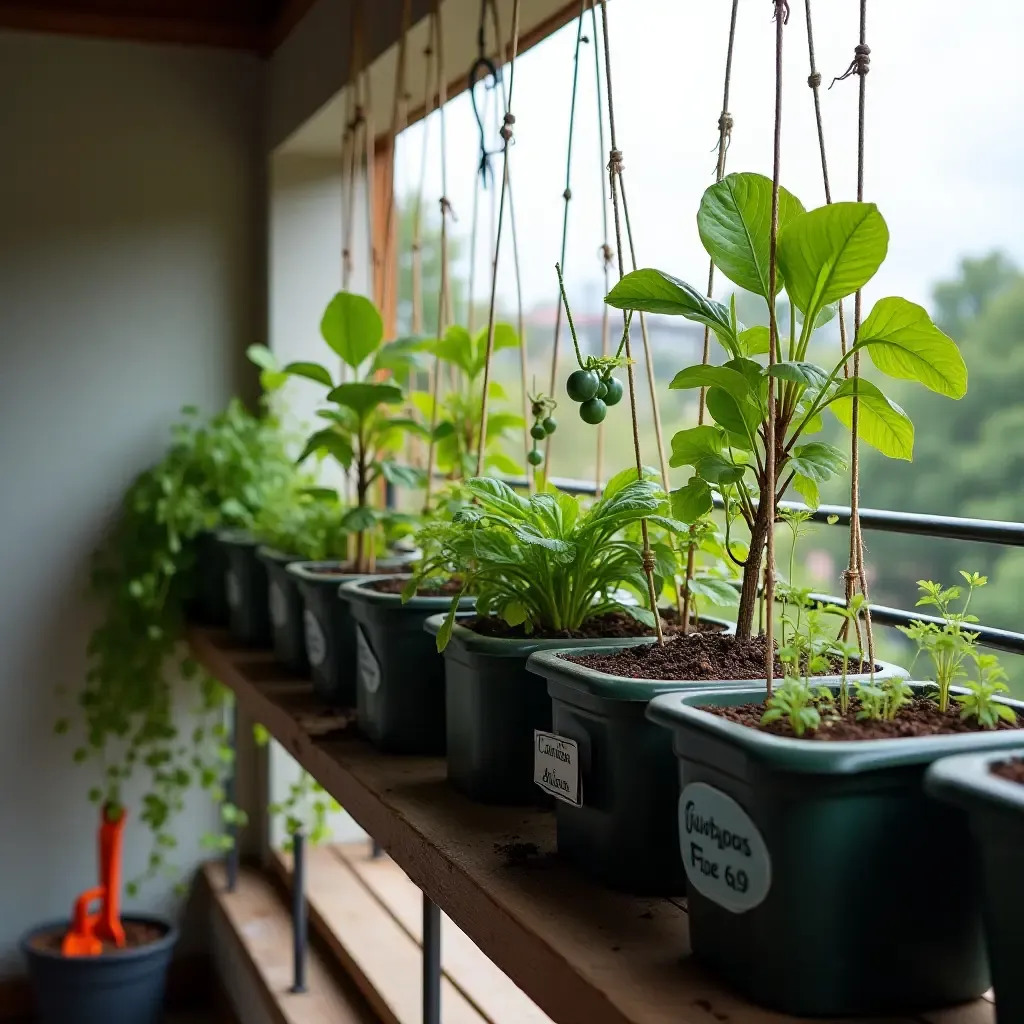 a photo of a balcony with a hanging garden and organized tool storage