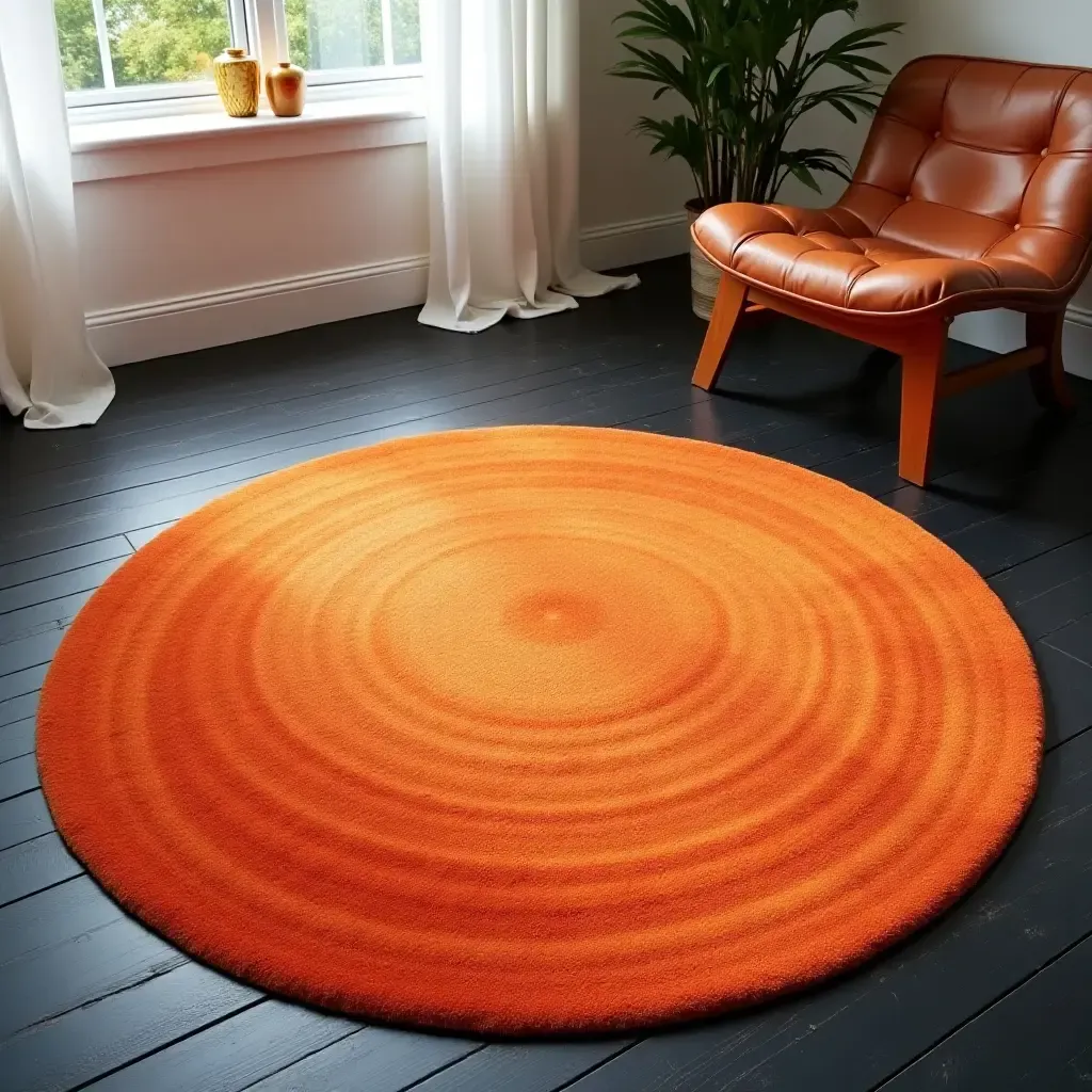 a photo of a vibrant orange rug on a navy hardwood floor