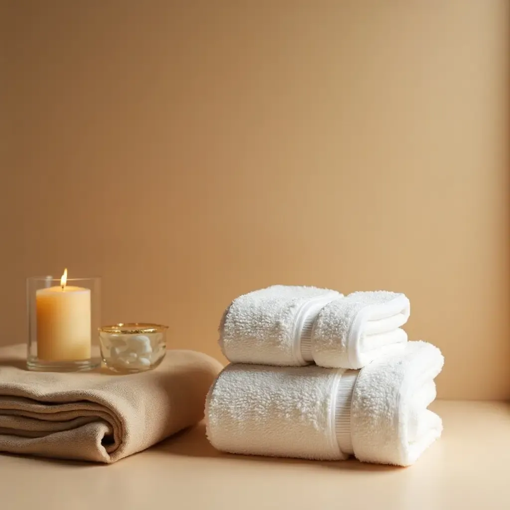 a photo of soft, textured towels in a warm-toned bathroom