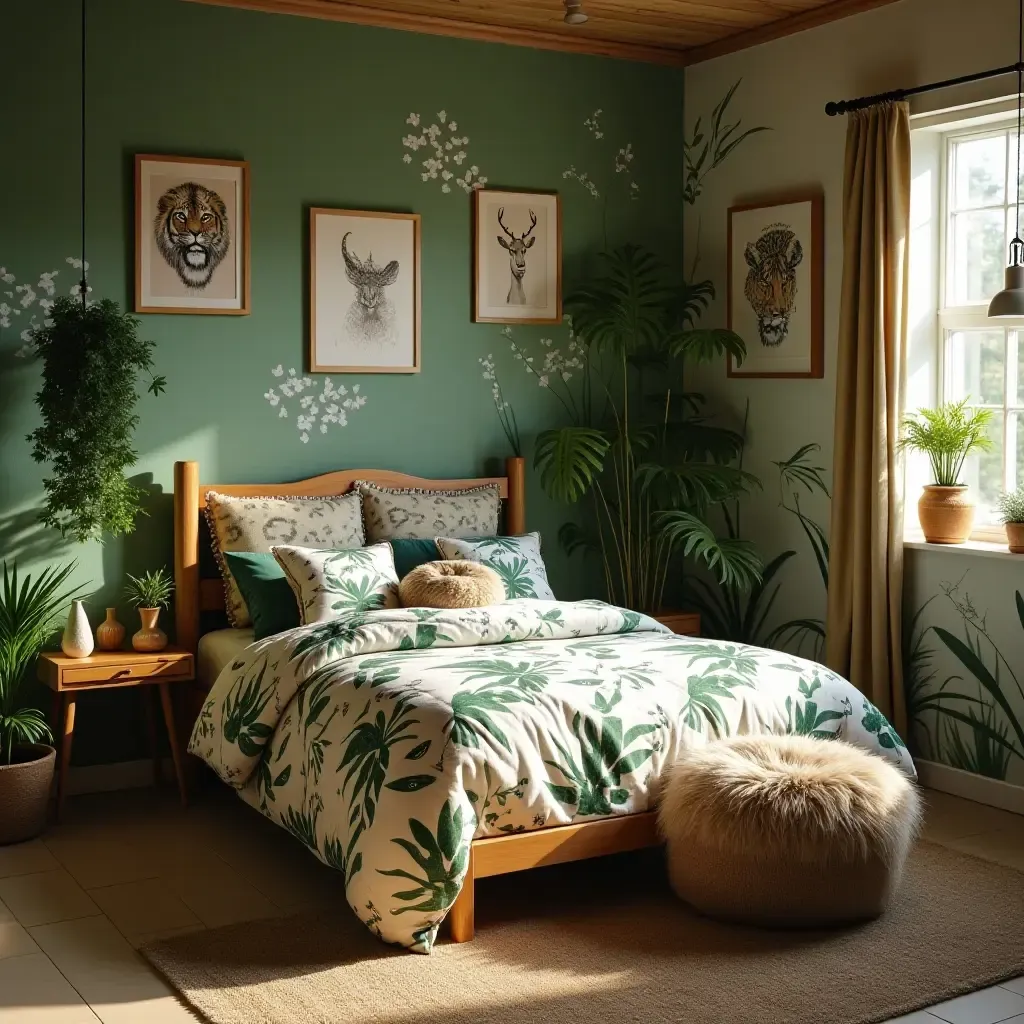 a photo of a jungle-themed bedroom with animal prints and greenery