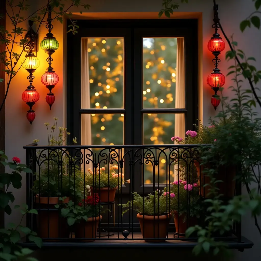 a photo of a balcony decorated with colorful wind chimes and plants