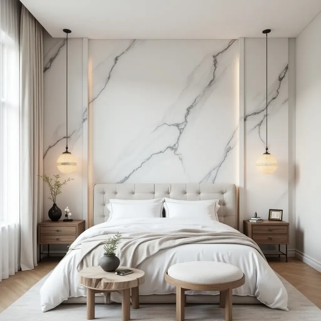 a photo of a marble accent wall in a chic bedroom