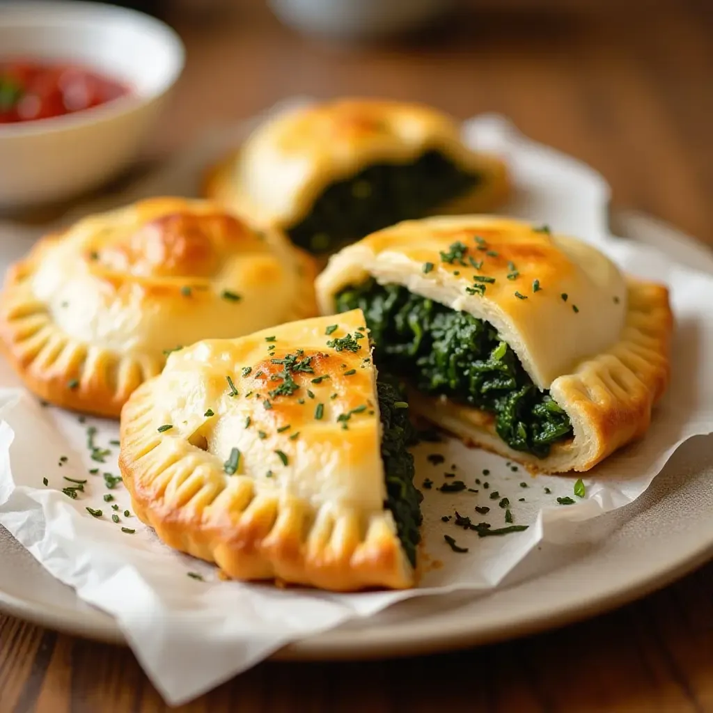 a photo of a hearty spanakopita with flaky phyllo and spinach filling.