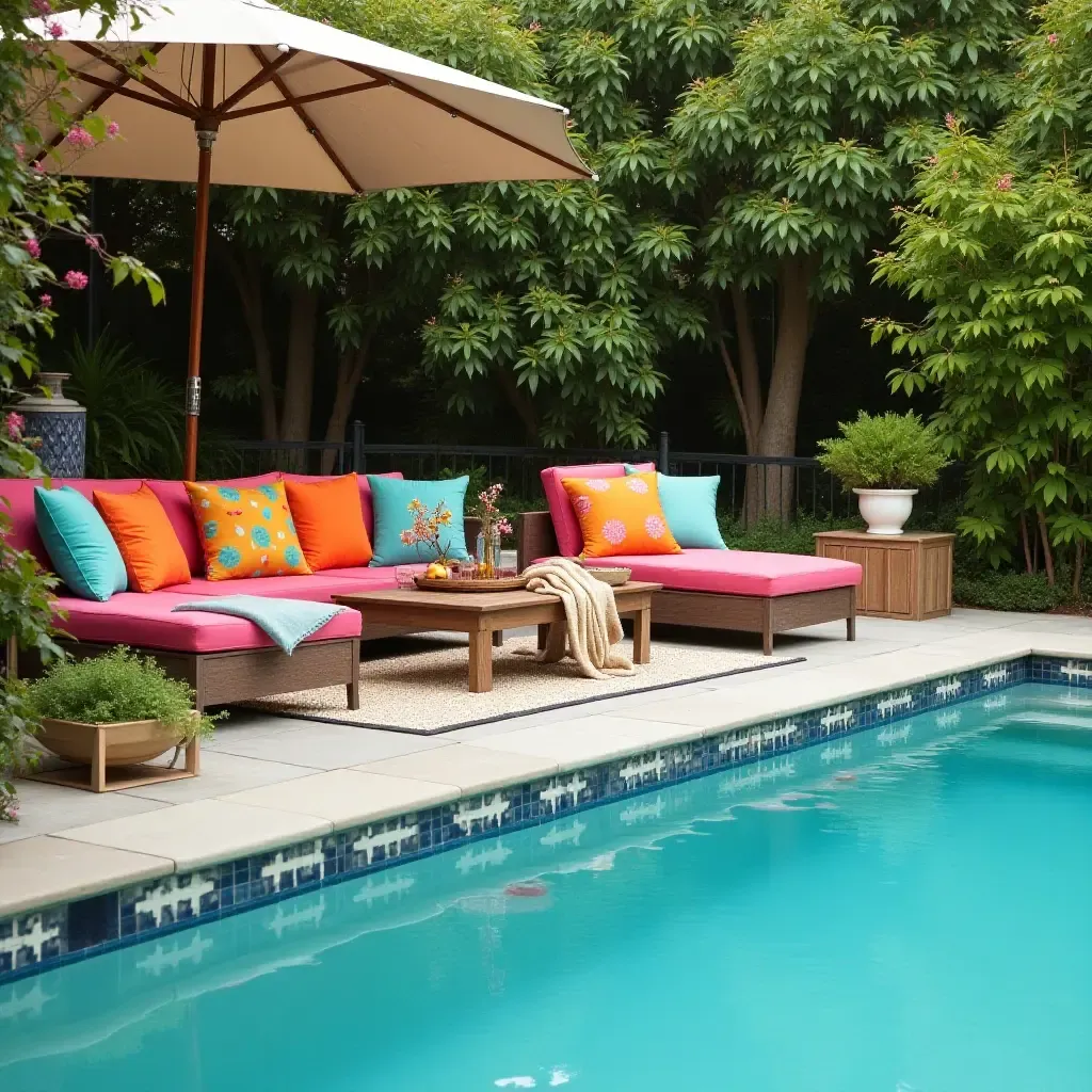 a photo of a vibrant poolside scene with colorful cushions and farmhouse-style decor