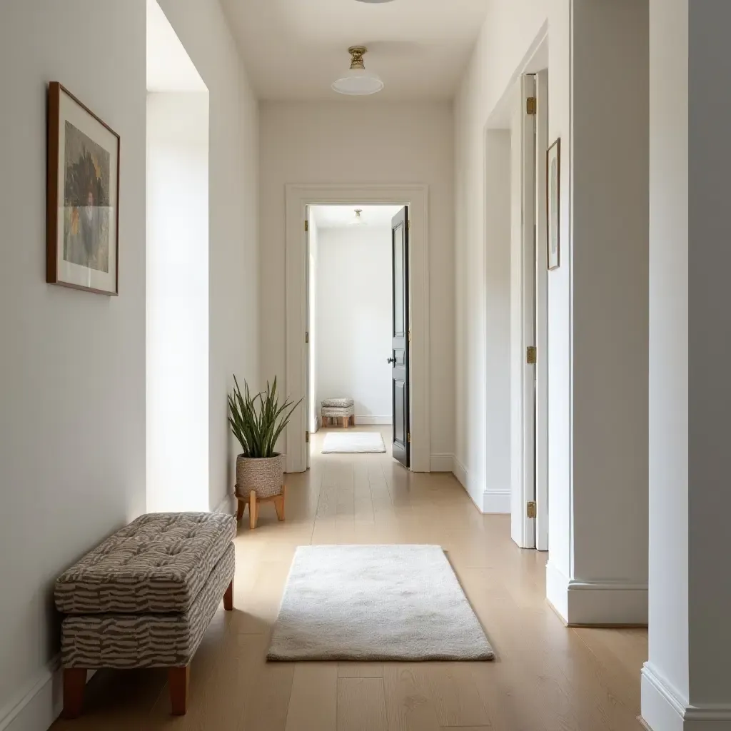 a photo of a corridor with a decorative storage ottoman