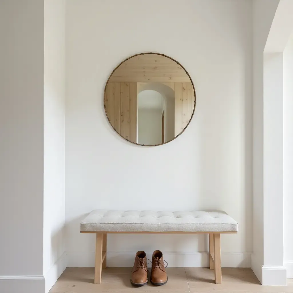 a photo of a welcoming entrance hall with a minimalist bench and decorative mirror