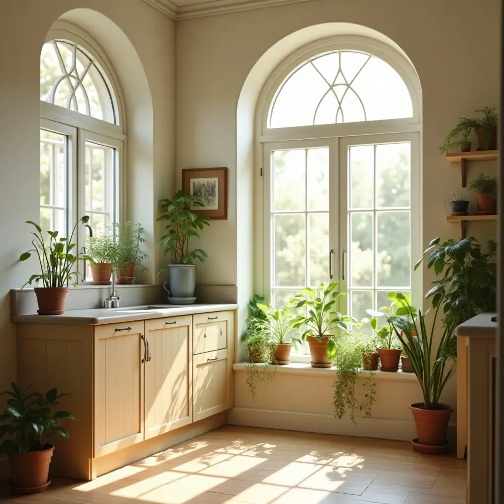 a photo of a sunlit kitchen with arched windows and potted plants