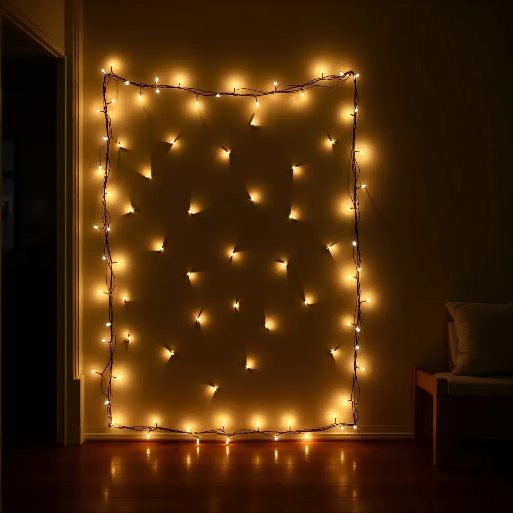 a photo of a wall decorated with fairy lights and art