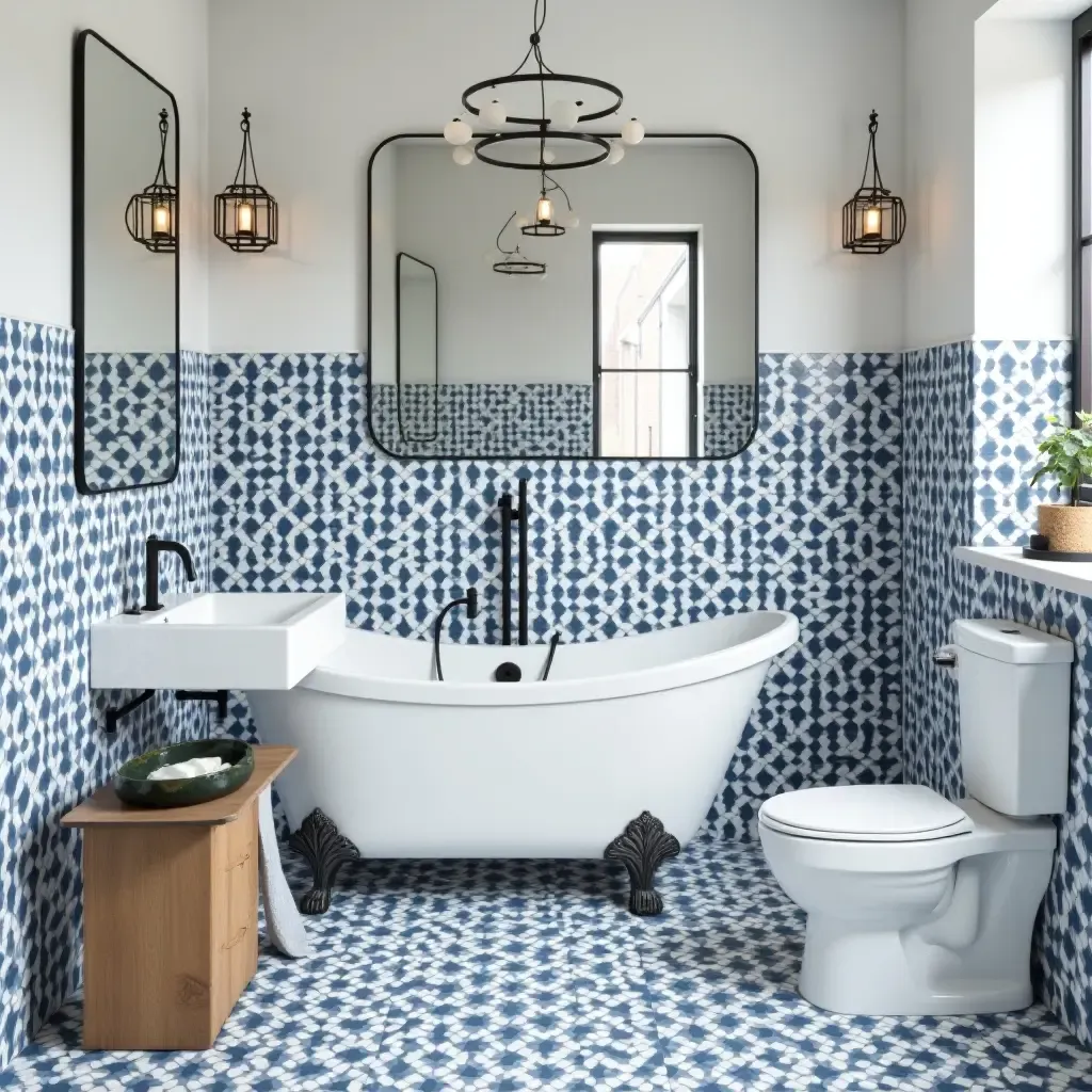 a photo of a chic bathroom featuring intricate Moroccan tile designs in blue and white