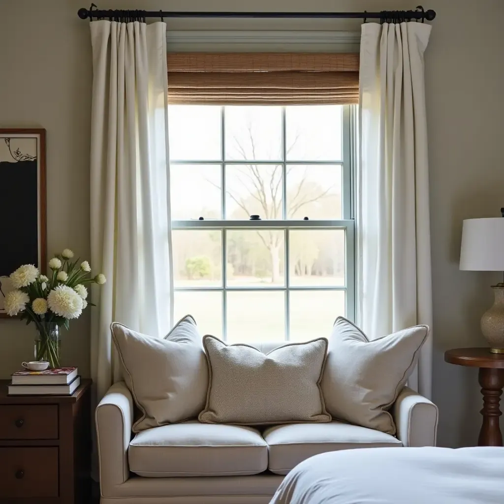 a photo of a cozy reading corner in a farmhouse-themed bedroom with cushions