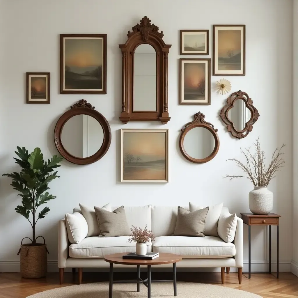 a photo of a colonial-inspired gallery wall featuring mirrors and art pieces