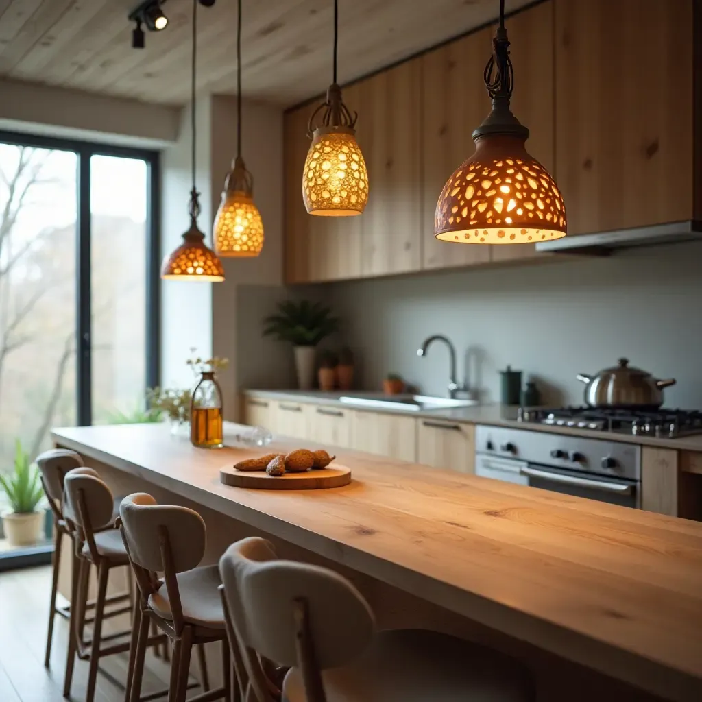 a photo of pendant lights made from recycled materials in an eco-friendly kitchen