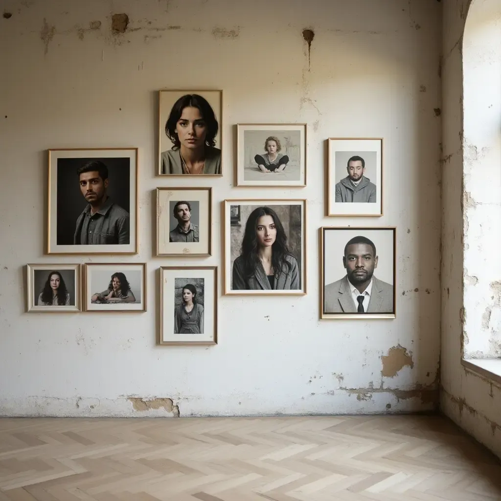 a photo of a wall showcasing a mix of photography and paintings