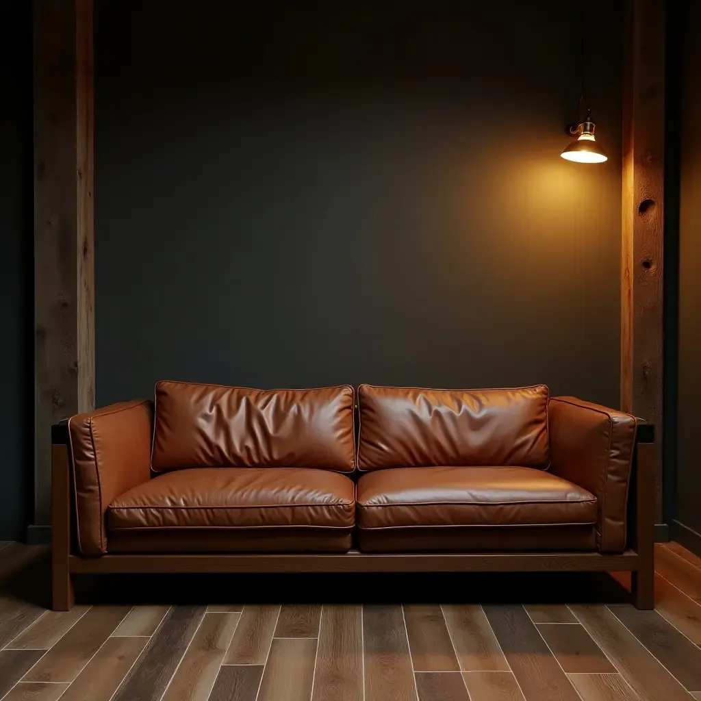 a photo of a leather sofa with dark wood accents and industrial lighting