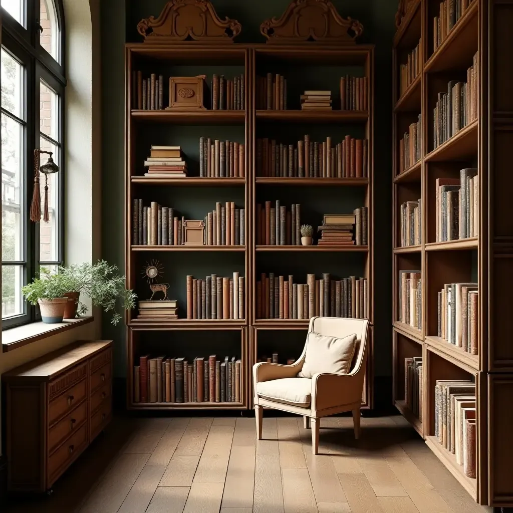 a photo of a whimsical library with books stored in artistic crates