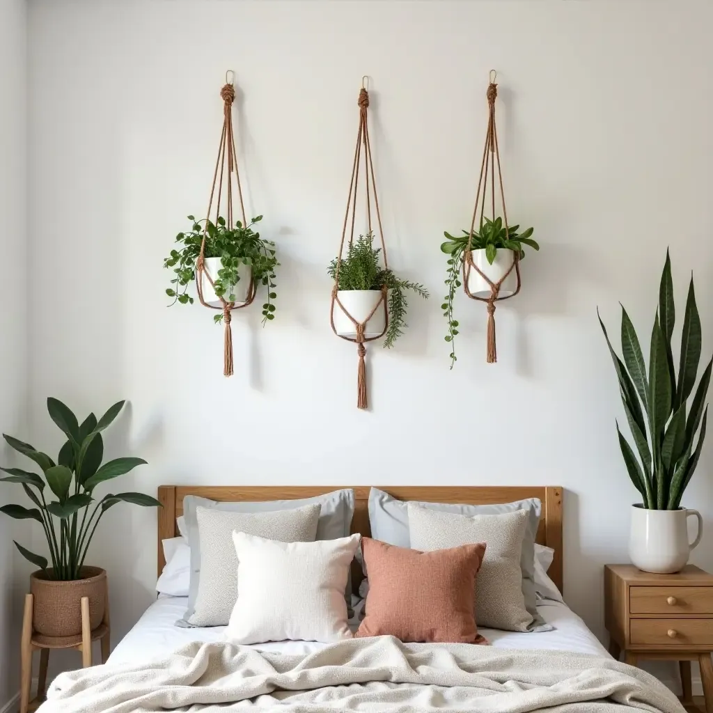 a photo of a bohemian-style bedroom with macramé plant hangers