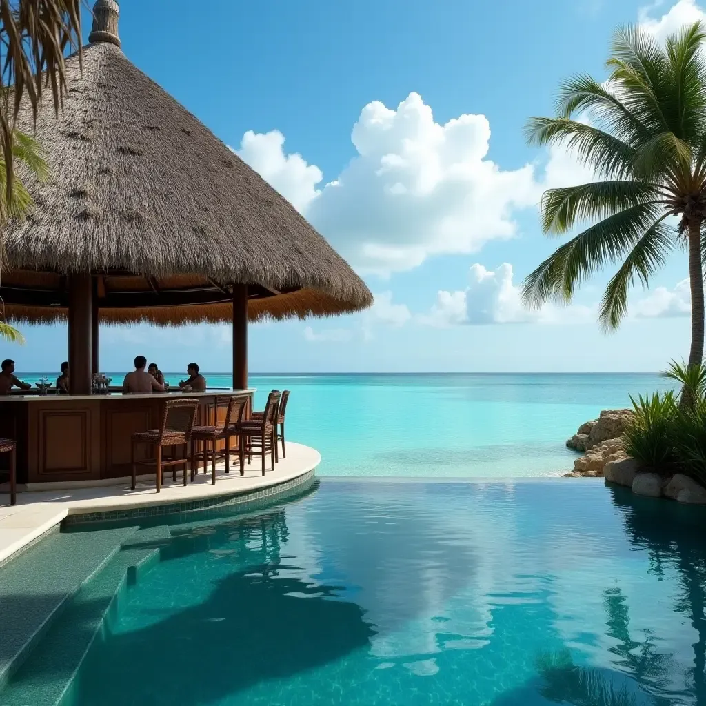 a photo of a luxurious poolside bar with a thatched roof and ocean view