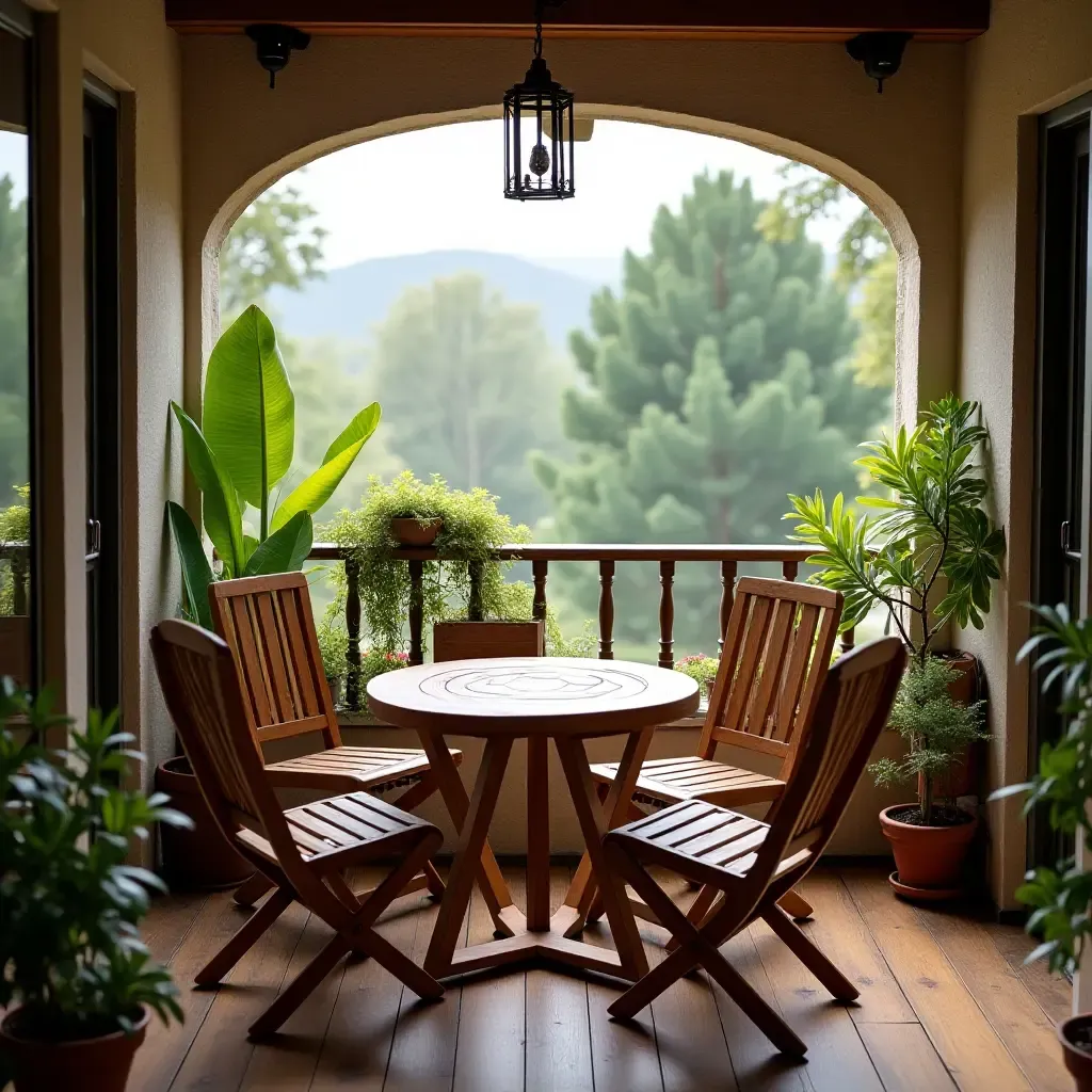 a photo of a balcony with a rustic wooden table and chairs