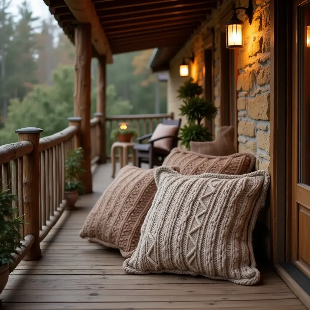 a photo of a rustic balcony featuring knitted throw pillows