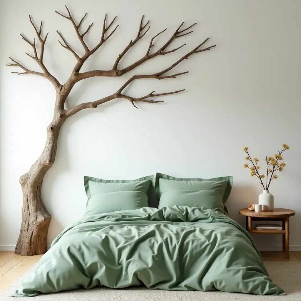 a photo of a bedroom with tree branch wall art and soft green linens