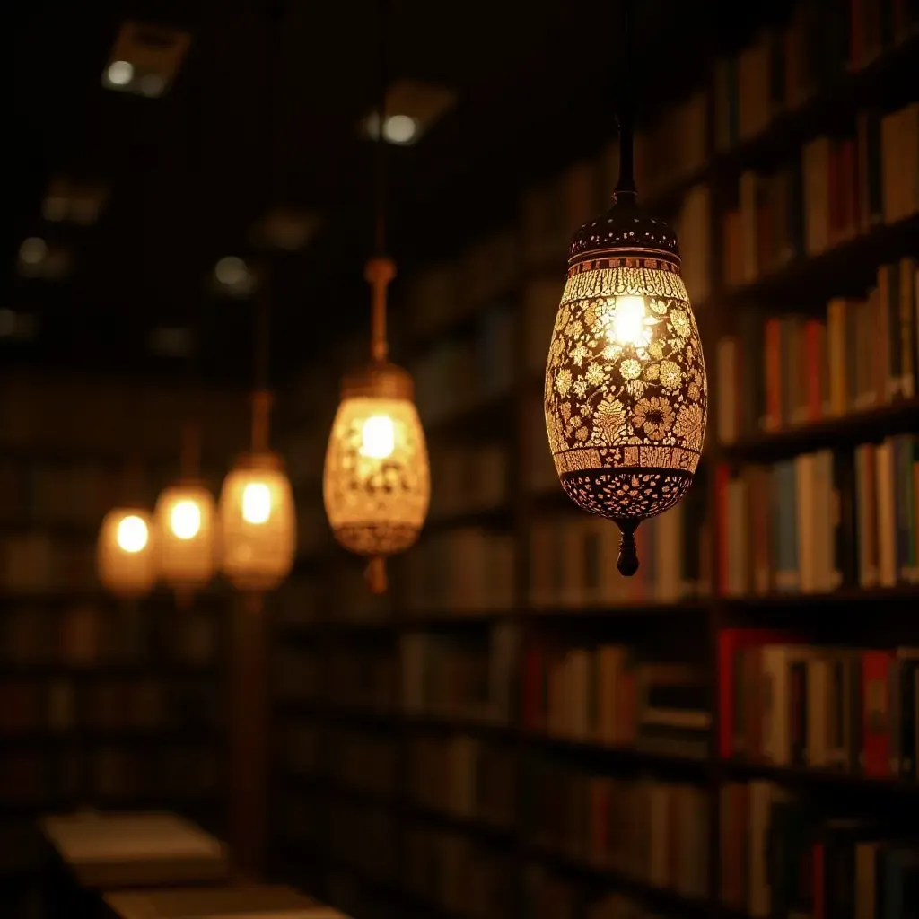 a photo of a library showcasing pendant lights with intricate designs