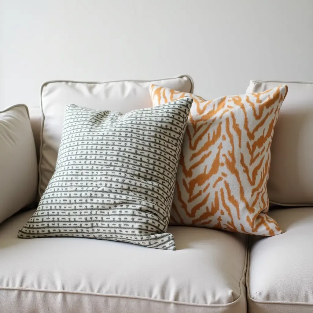 a photo of handmade throw pillows with unique patterns on a sofa