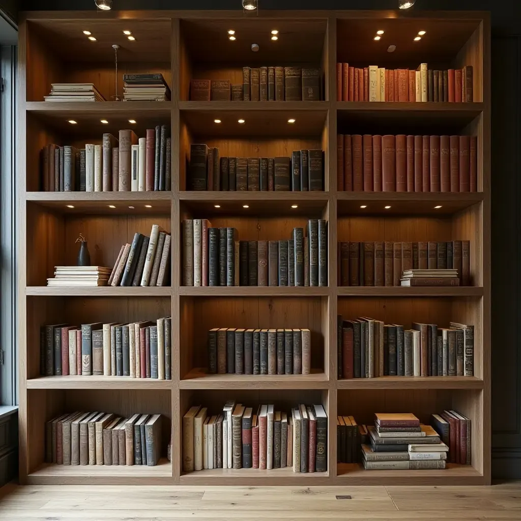 a photo of a library with wooden crates as unique book storage