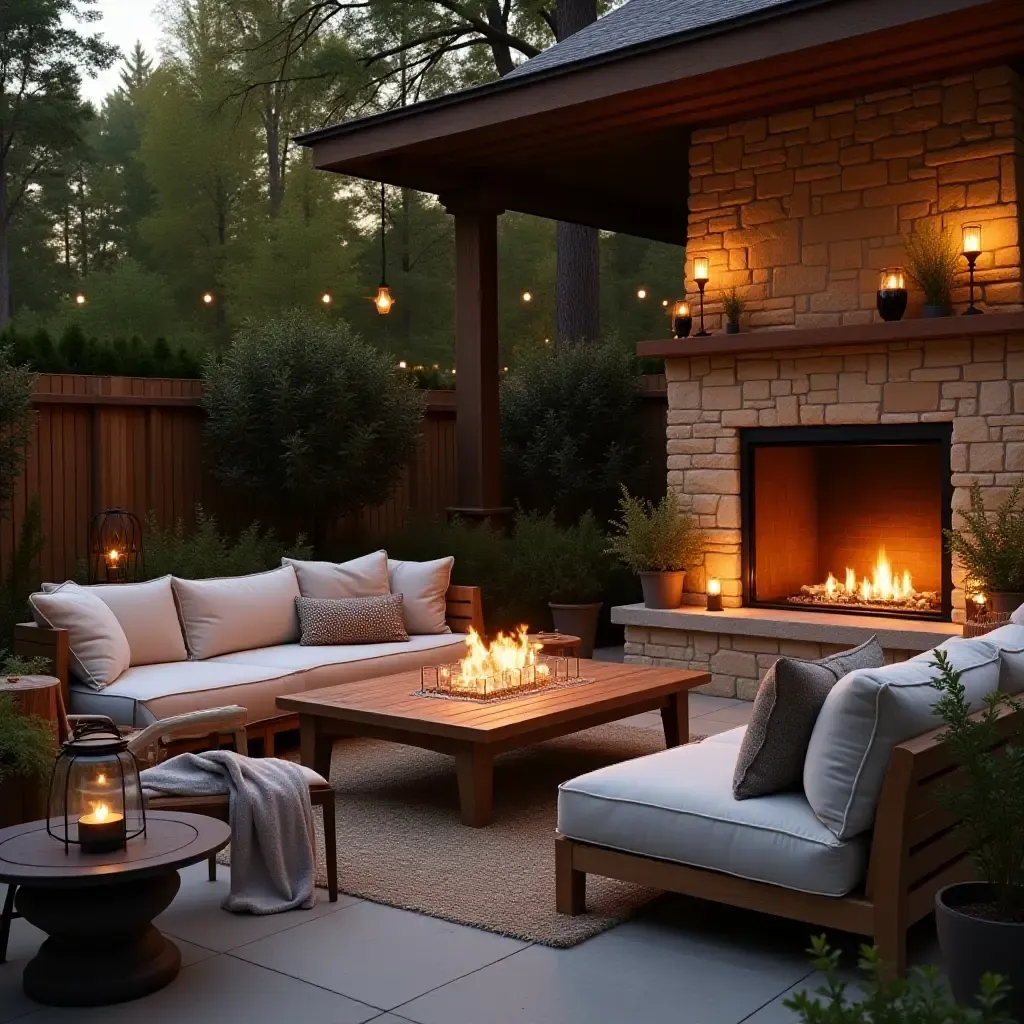 a photo of a cozy outdoor lounge with a fireplace and plush seating