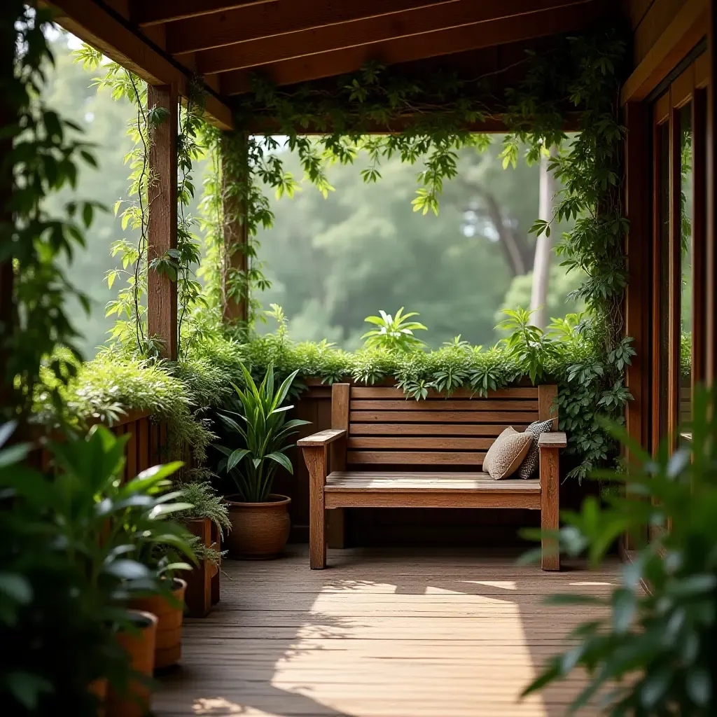 a photo of a balcony featuring a wooden bench surrounded by greenery