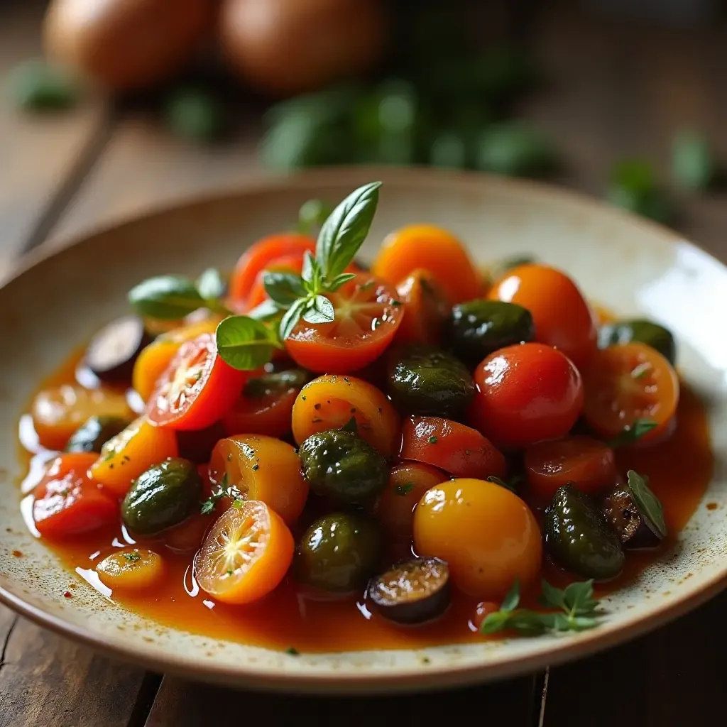 a photo of a colorful ratatouille served in a rustic French kitchen.