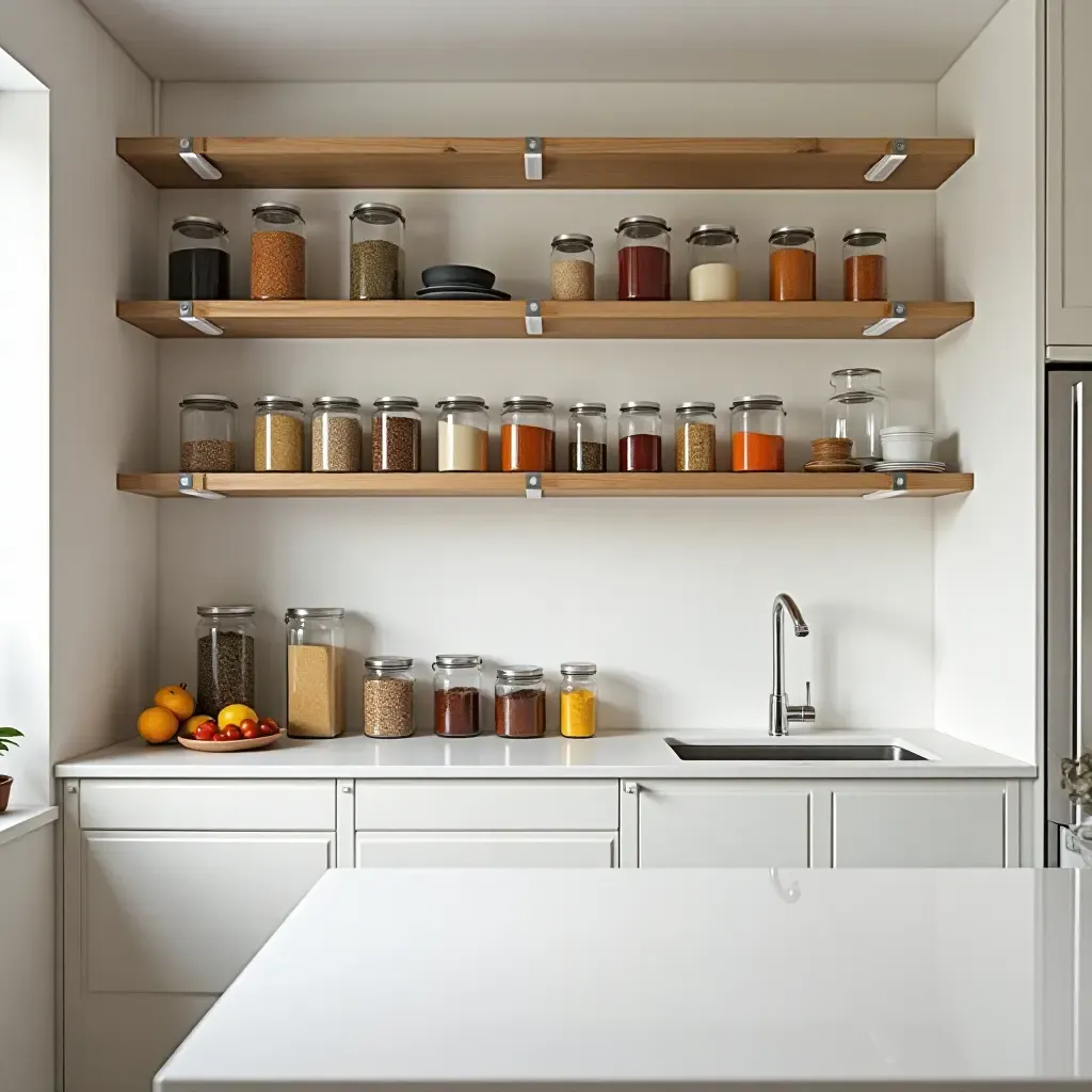 a photo of a bright kitchen with open shelving and colorful spices in jars