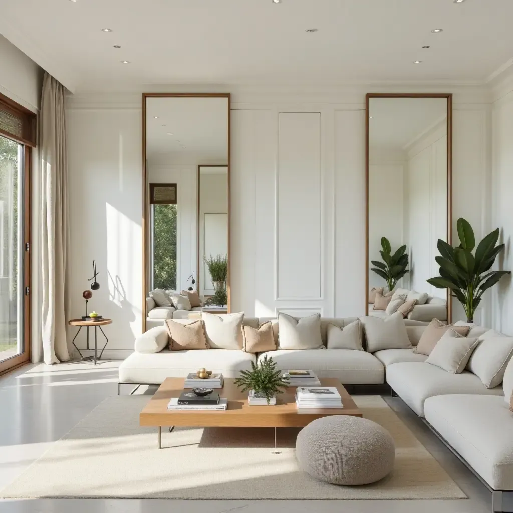 a photo of a spacious living room with large mirrors reflecting natural light