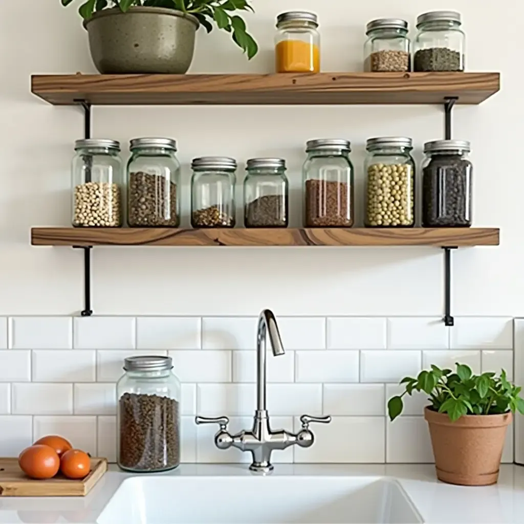 a photo of a kitchen with open shelving displaying mason jars and herbs