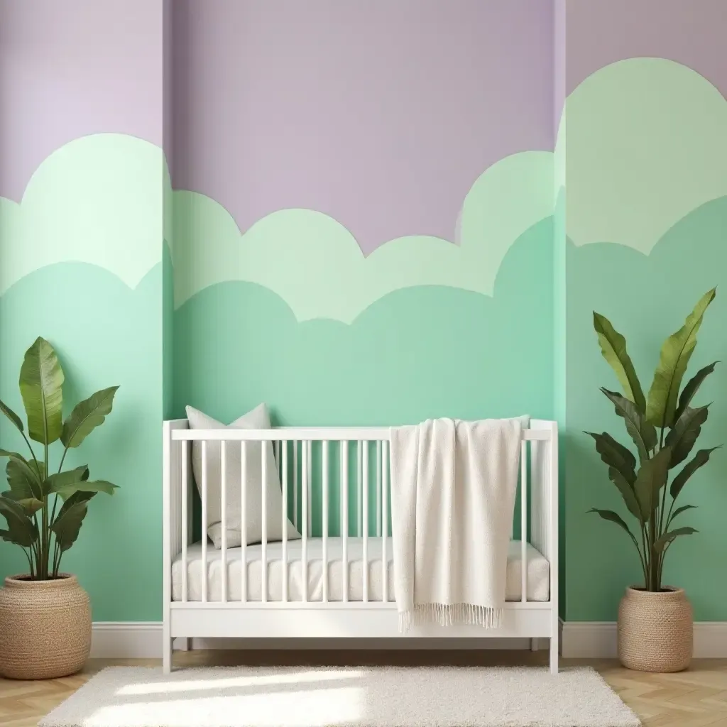 a photo of a nursery showcasing bright green and soft lavender