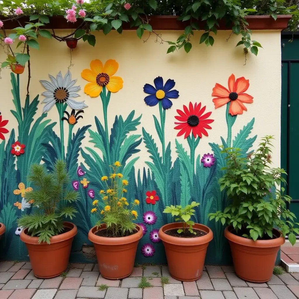 a photo of an artistic garden wall with painted pots and flowers