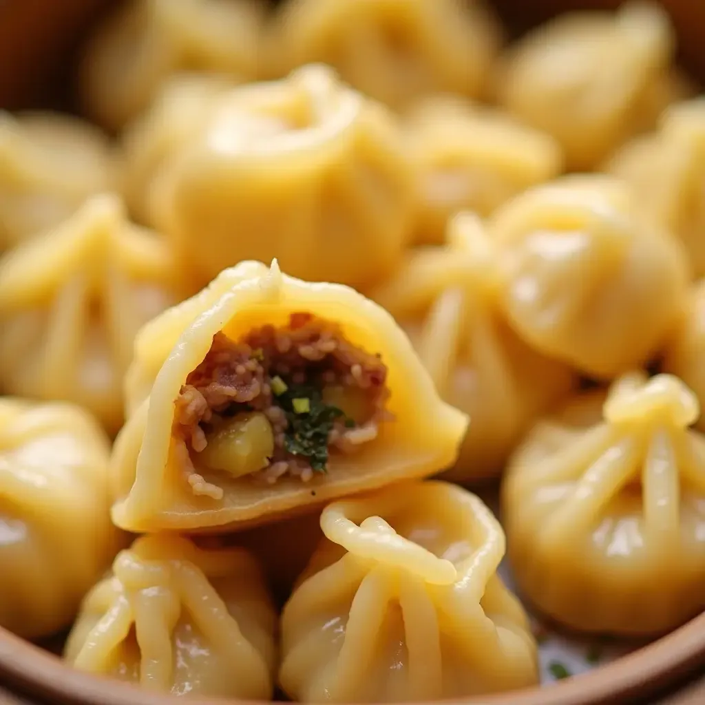 a photo of a close-up of dumplings with surprising fillings, highlighting textures and intricate details.