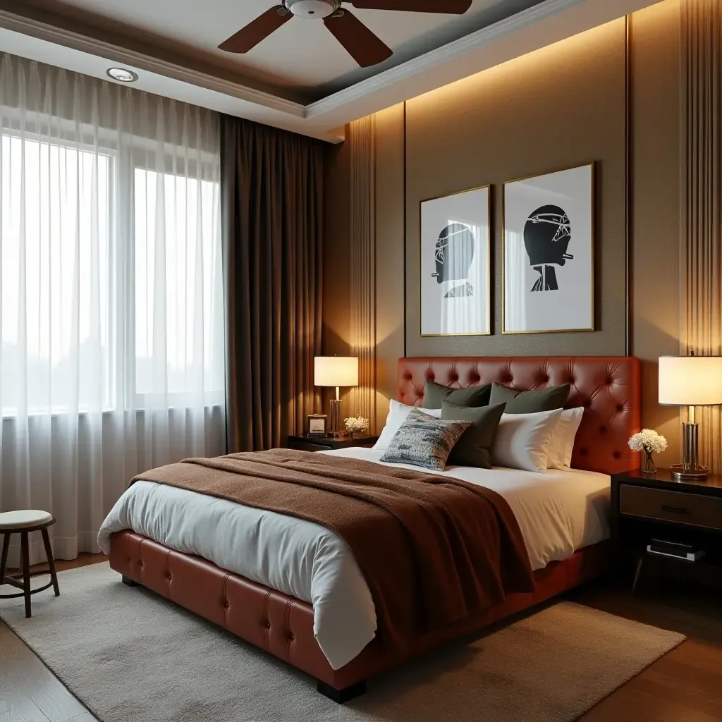 a photo of a sports-themed bedroom with metallic accents in decor and accessories