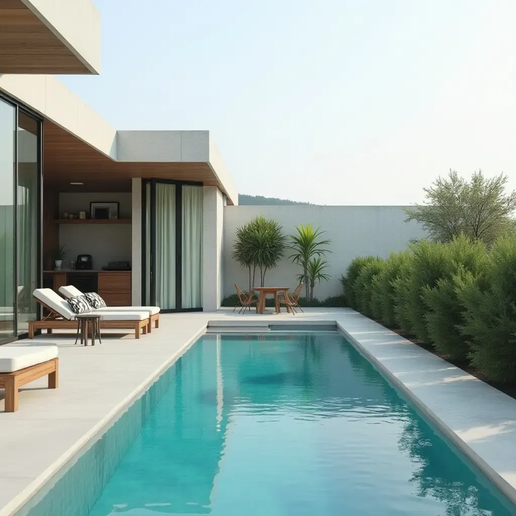 a photo of a modern pool with minimalist plant decor